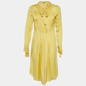 Bottega Veneta Yellow Silk Pleated Detail Tie Neck Dress M