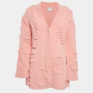 Pre Owned Bottega Veneta Pink Patterned Knit Long Cardigan M