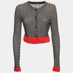 Bottega Veneta Black Geometric Cotton Knit Crop Cardigan S