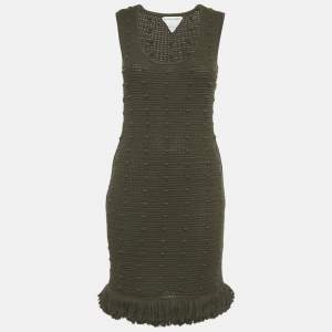 Pre Owned Bottega Veneta Olive Green Crochet Fringe Detail Mini Dress XS