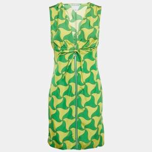 Pre Owned Bottega Veneta Green/Yellow Wavy Triangle Print Parachute Silk Mini Dress S