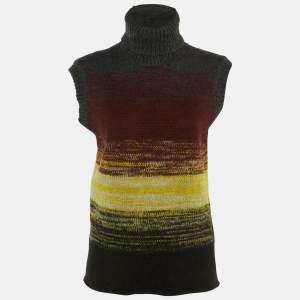 Pre Owned Bottega Veneta Grey Striped Wool Knit Turtle Neck Sweater S