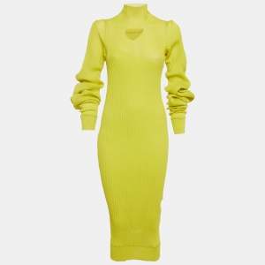 Pre Owned Bottega Veneta Neon Green Rib Knit Keyhole Detail Midi Dress S