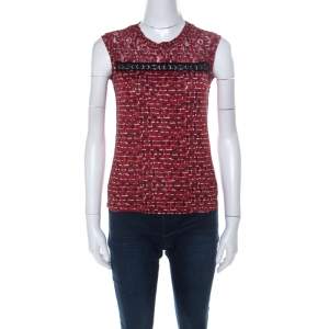 Bottega Veneta Red Microsquare Printed Cotton and Lace Yoke Sleeveless Top S 