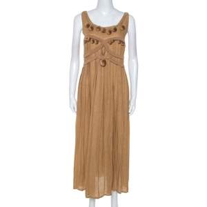 Bottega Veneta Camel Beige Linen Pom Pom Detail Pleated Dress L