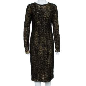 Pre Owned Bottega Veneta Black Foil Print Wool Midi Sheath Dress M