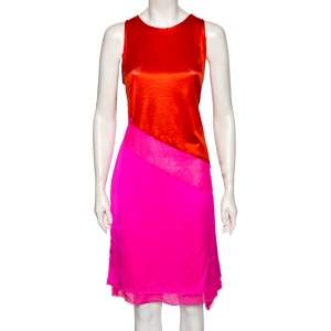 Pre Owned Bottega Veneta Pink & Orange Silk Asymmetrical Mesh Inset Short Dress M