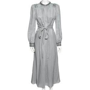 Pre Owned Bottega Veneta Blue Metallic Silk Embellished Belted Dress M