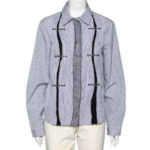 Bottega Veneta White and Blue Striped Cotton Lace and Studded Detailed Long Sleeve Shirt M