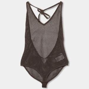 Pre Owned Bottega Veneta Brown Open Knit Halter Neck Bodysuit XL