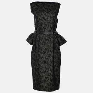 Pre Owned Bottega Veneta Black Linen Blend Leather Belt Dress L