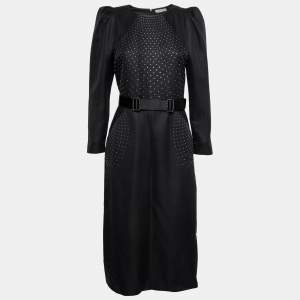 Pre Owned Bottega Veneta Black Crepe Studded Belted Dress M 