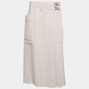 Pre Owned Bottega Veneta Cream Wool Buckled Waist Wrap Midi Skirt S