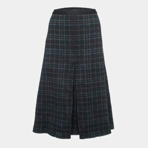 Pre Owned Bottega Veneta Black & Metallic Plaid Wool Pleated Midi Skirt L    