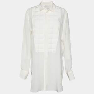 Bottega Veneta Ivory White Silk Grid Detail Dress Shirt M