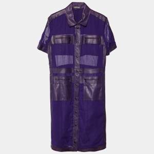 Bottega Veneta Purple Leather & Cotton Button Front Midi Dress L