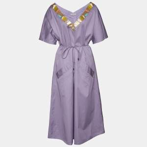 Bottega Veneta Purple Cotton & Leather Neck Trim Belted Maxi Dress M