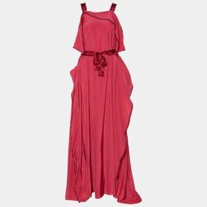 Bottega Veneta Pink Satin Scarf hem Detail Belted Sleeveless Gown M