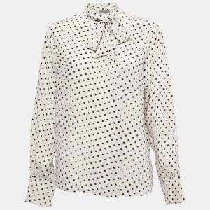 Bottega Veneta Off-White Polka Dotted Silk Tie Neck Detail Long Sleeve Blouse M