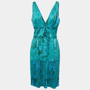 Bottega Veneta Blue/Green Marble Printed Plisse Satin Mini Dress M