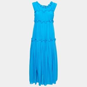 Bottega Veneta Blue Ruffled Cotton Sleeveless Midi Dress M