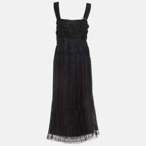 Bottega Veneta Black Silk Blend Pleated Lace Trim Midi Dress L