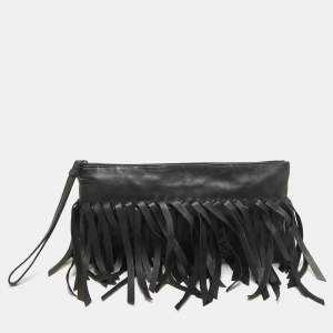 Bottega Veneta Black Intrecciato Leather Fringe Clutch