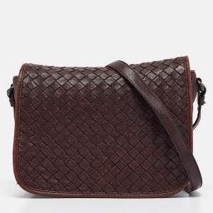 Pre Owned Bottega Veneta Burgundy Intrecciato Leather Flap Crossbody Bag
