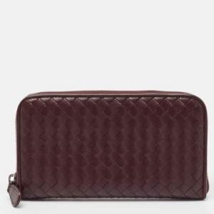 Pre Owned Bottega Veneta Burgundy Intrecciato Leather Zip Around Wallet
