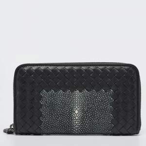 Pre Owned Bottega Veneta Black/Grey Intrecciato Leather and Stingray Zip Around Wallet