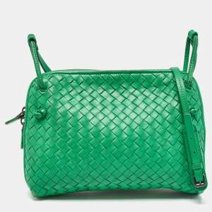 Pre Owned Bottega Veneta Green Intrecciato Leather Nodini Crossbody Bag