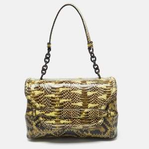  Bottega Veneta Yellow/Brown Intrecciato Karung and Watersnake Detail Flap Shoulder Bag