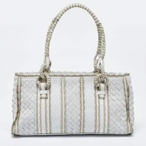 Pre Owned Bottega Veneta White/Beige Perforated Intrecciato Leather Tote