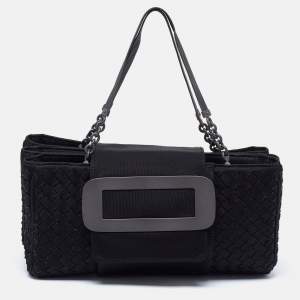 Pre Owned Bottega Veneta Black Intrecciato Canvas Buckle Flap Shoulder Bag