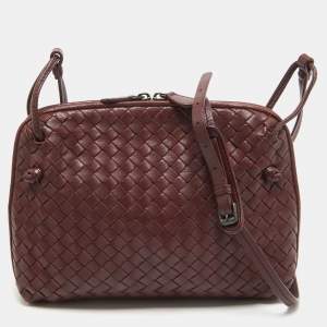 Pre Owned Bottega Veneta Dark Red Intrecciato Leather Nodini Crossbody Bag
