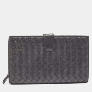 Pre Owned Bottega Veneta Black Intrecciato Leather French Flap Wallet