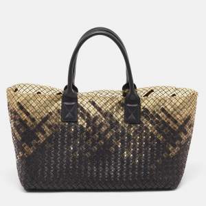 Bottega Veneta Ombre Black/Cream Intrecciato Leather and PVC Cabat Tote