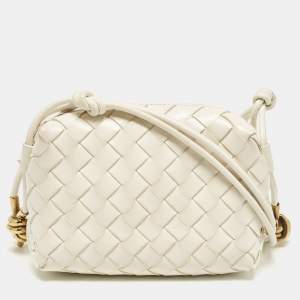 Pre Owned Bottega Veneta White Intrecciato Patent Leather Mini Loop Shoulder Bag