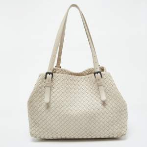 Pre Owned Bottega Veneta Off White Intrecciato Leather Cesta Tote