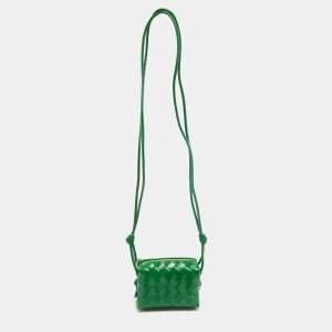 Pre Owned Bottega Veneta Green Intrecciato Patent Leather Candy Loop Crossbody Bag