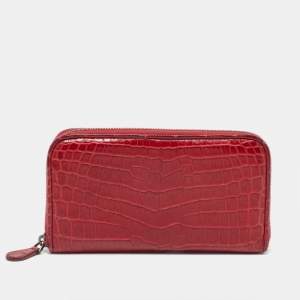 Bottega Veneta Red Crocodile Zip Around Wallet