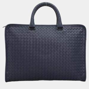 Pre Owned Bottega Veneta Blue Leather Intreciatto Laptop Briefcase Bag