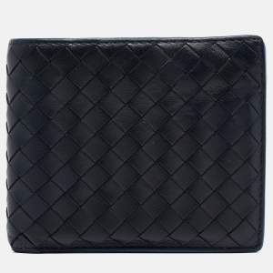 Pre Owned Bottega Veneta Black/Blue Intrecciato Leather Bifold Compact Wallet