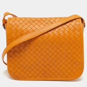 Pre Owned Bottega Veneta Orange Intrecciato Leather Full Flap Crossbody Bag