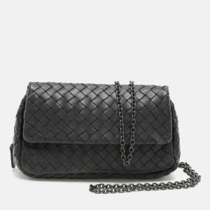 Bottega Veneta Black Intrecciato Leather Flap Chain Crossbody Bag