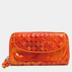 Bottega Veneta Orange Intrecciato Patent Leather Zip Around Wallet