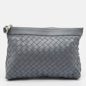 Bottega Veneta Grey Intrecciato Leather Oversized Zip Pouch 