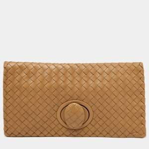 Pre Owned Bottega Veneta Beige Intrecciato Leather Twist Lock Flap Clutch