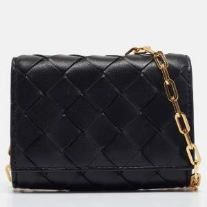 Bottega Veneta Black Intrecciato Leather Trio Card Case On Chain 