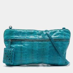 Pre Owned Bottega Veneta Blue/Black Snakeskin Leather Zip Crossbody Bag